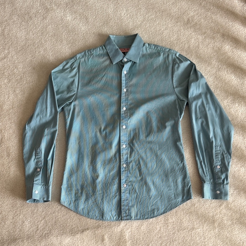 Thomas Pink Baby Blue and Green striped Super slim shirt